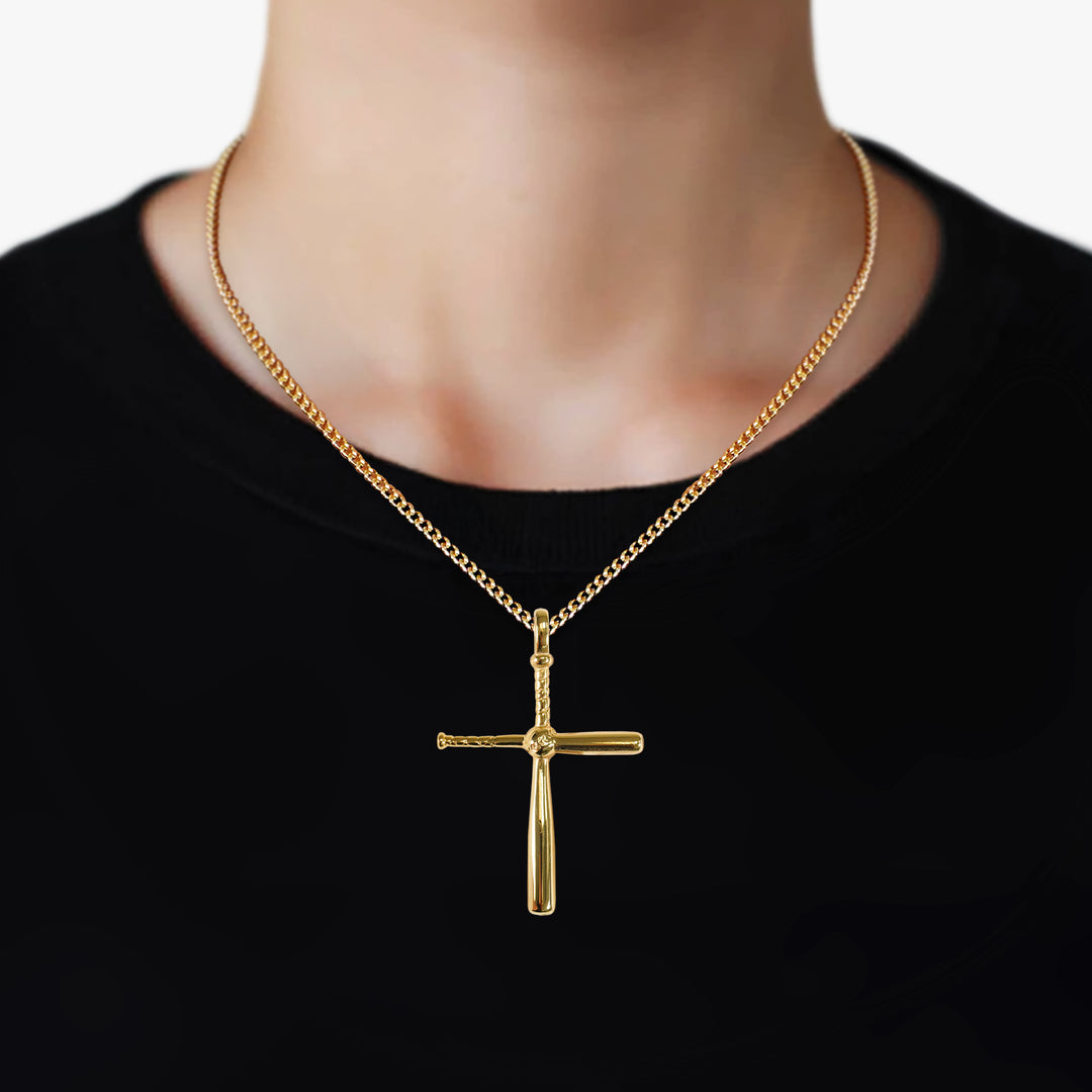 Baseball Bat Cross Pendant with Chain Necklace - Gold Plated Stainless Steel