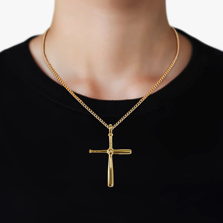 Baseball Bat Cross Pendant with Chain Necklace - Gold Plated Stainless Steel