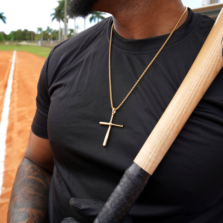 Baseball Bat Cross Pendant with Chain Necklace - Gold Plated Stainless Steel