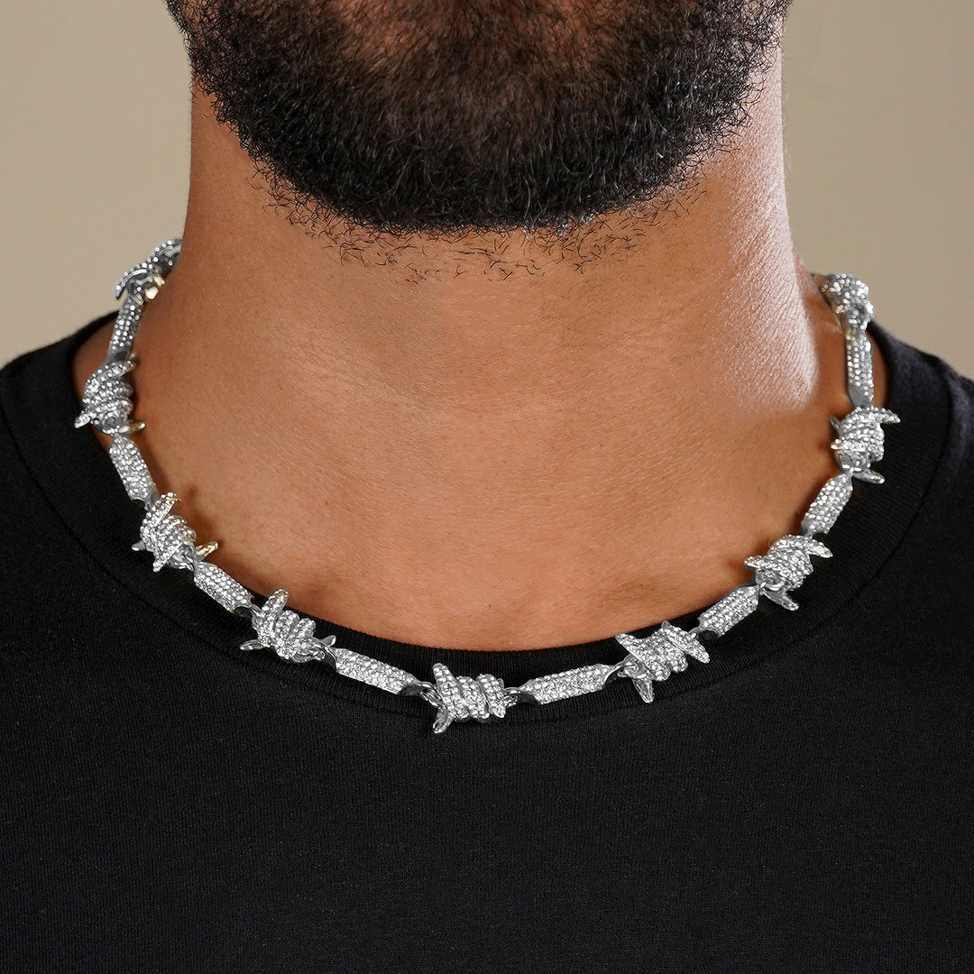 Iced Out Silver Barbed Wire Chain Necklace (18 inches)