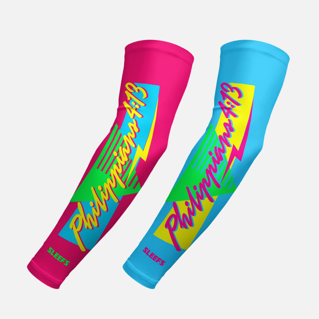 Philippians 4:13 Synthwave Pink and Blue Arm Sleeves Pair