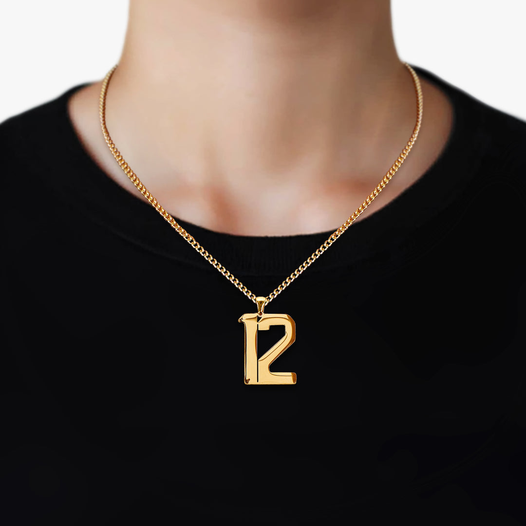 12 Number Pendant with Chain Necklace - Gold Plated Stainless Steel