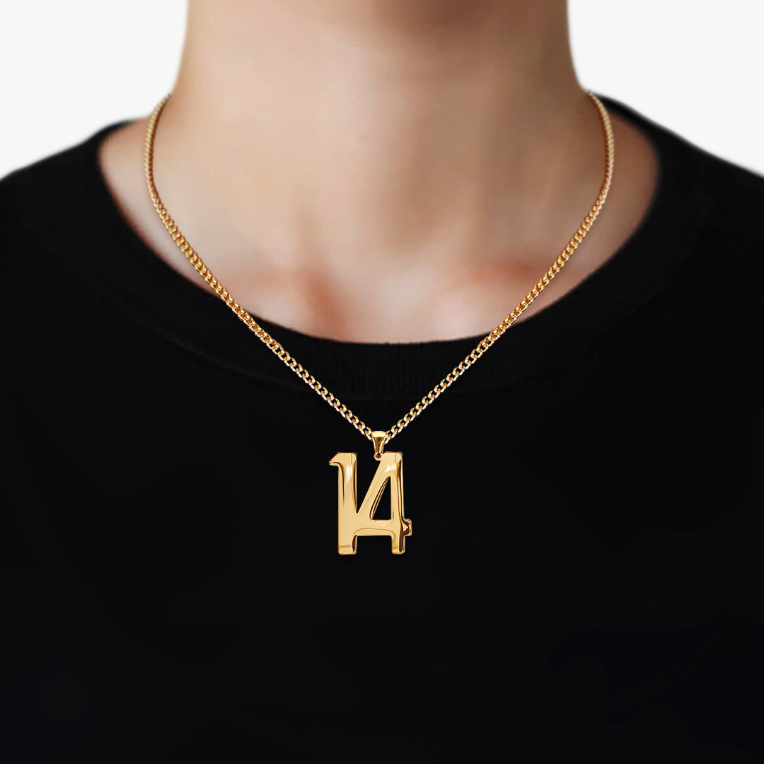 14 Number Pendant with Chain Necklace - Gold Plated Stainless Steel