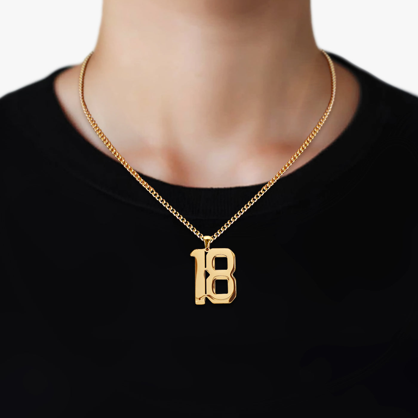 18 Number Pendant with Chain Necklace - Gold Plated Stainless Steel