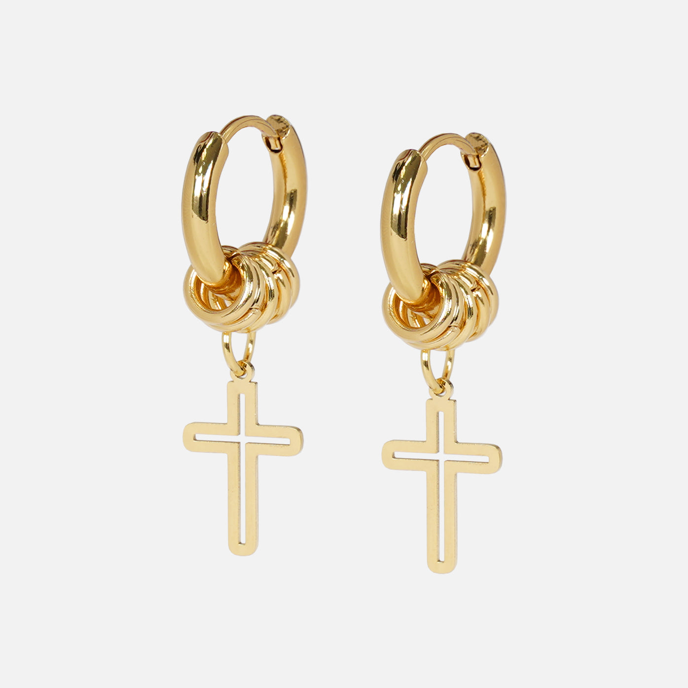 4 Hoops Carved Cross Earring - Gold Plated Stainless Steel