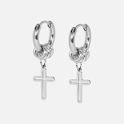 4 Hoops Carved Cross Earring - Stainless Steel