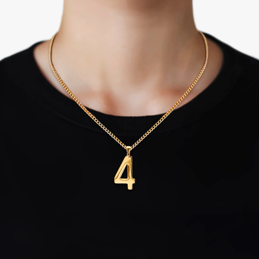 4 Number Pendant with Chain Necklace - Gold Plated Stainless Steel