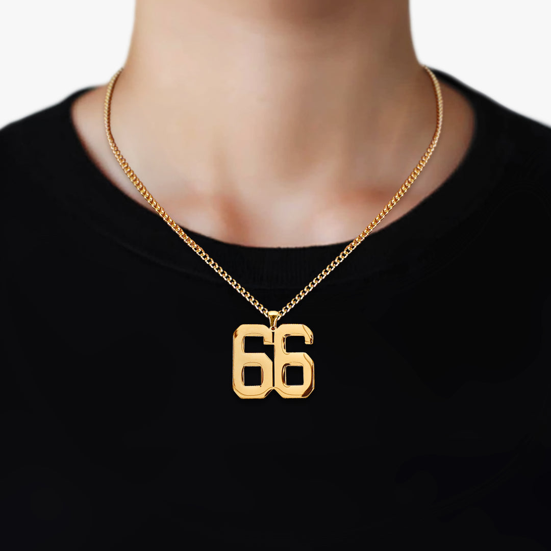 66 Number Pendant with Chain Necklace - Gold Plated Stainless Steel