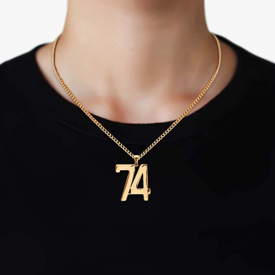 74 Number Pendant with Chain Necklace - Gold Plated Stainless Steel