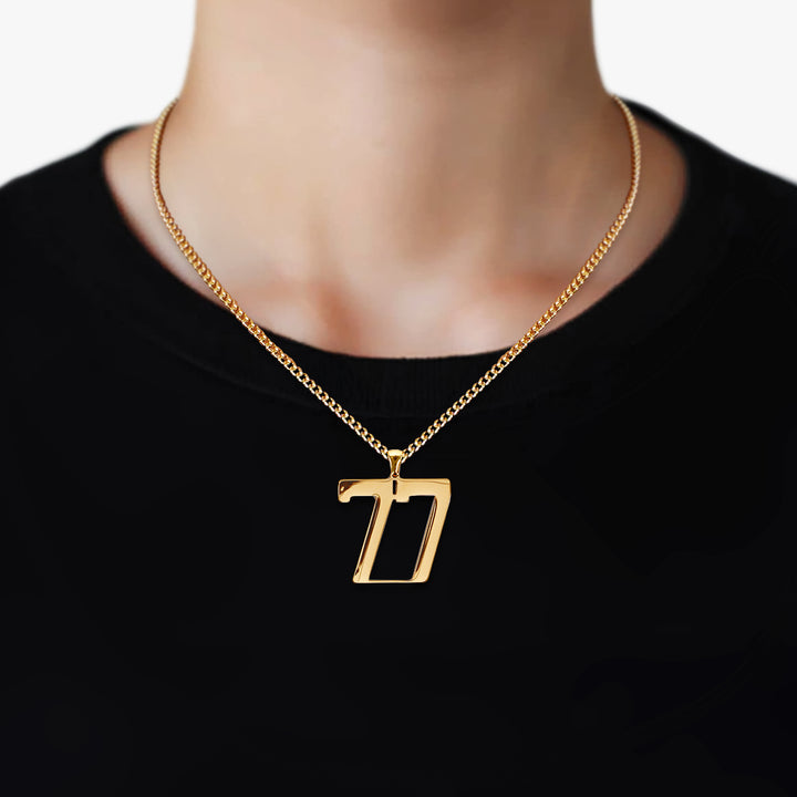 77 Number Pendant with Chain Necklace - Gold Plated Stainless Steel