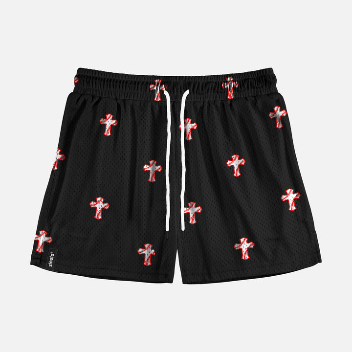 Baseball Cross Pattern Black Shorts - 5"