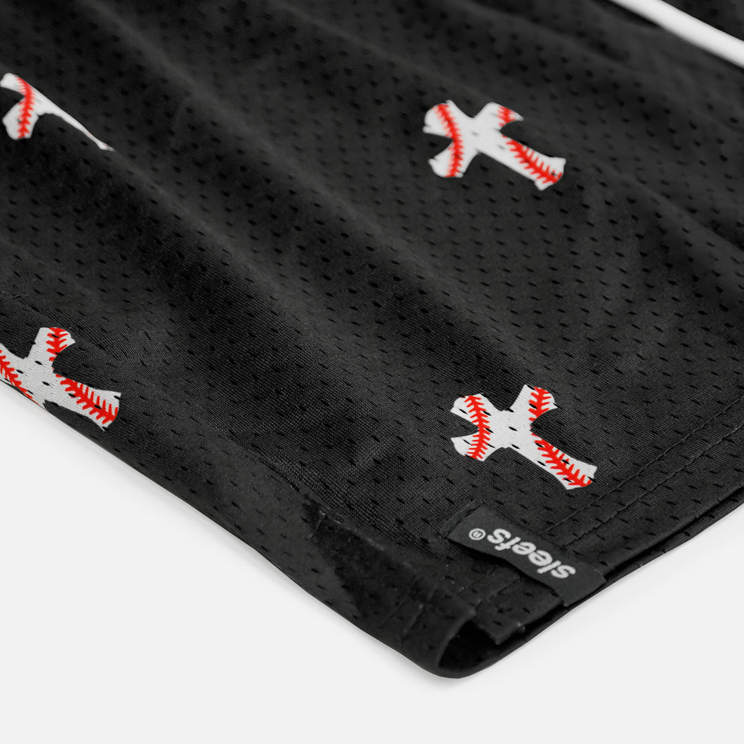 Baseball Cross Pattern Black Shorts - 5"