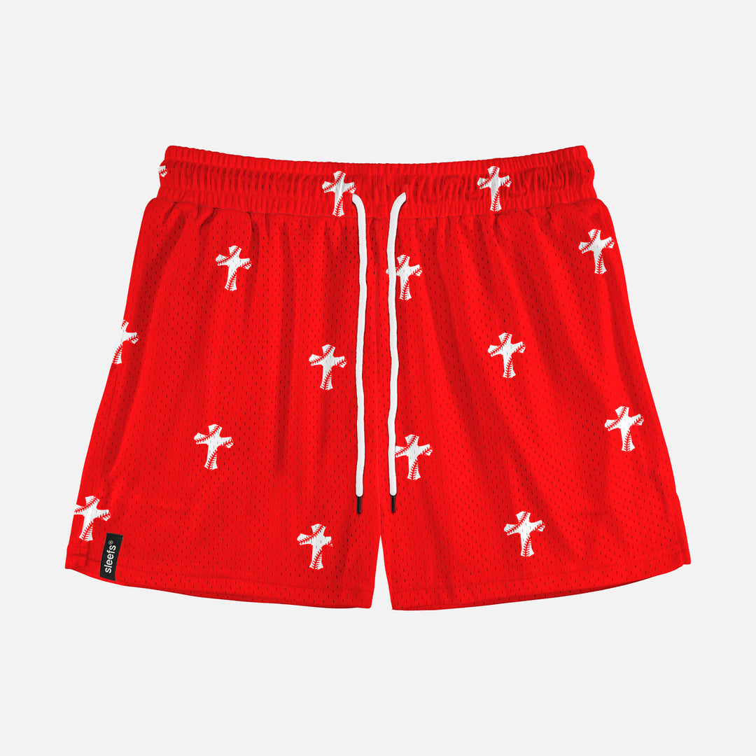 Baseball Cross Pattern Red Shorts - 5"