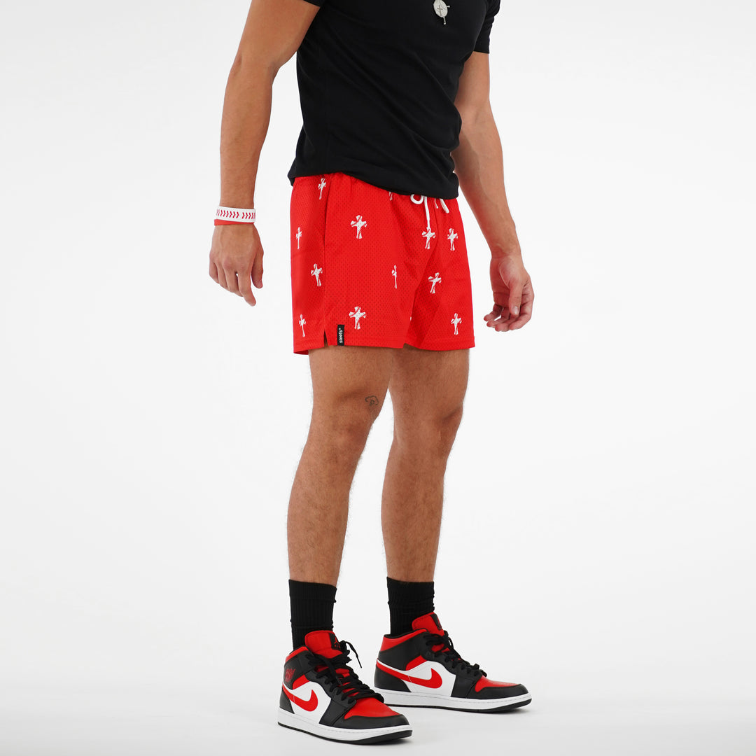 Baseball Cross Pattern Red Shorts - 5"