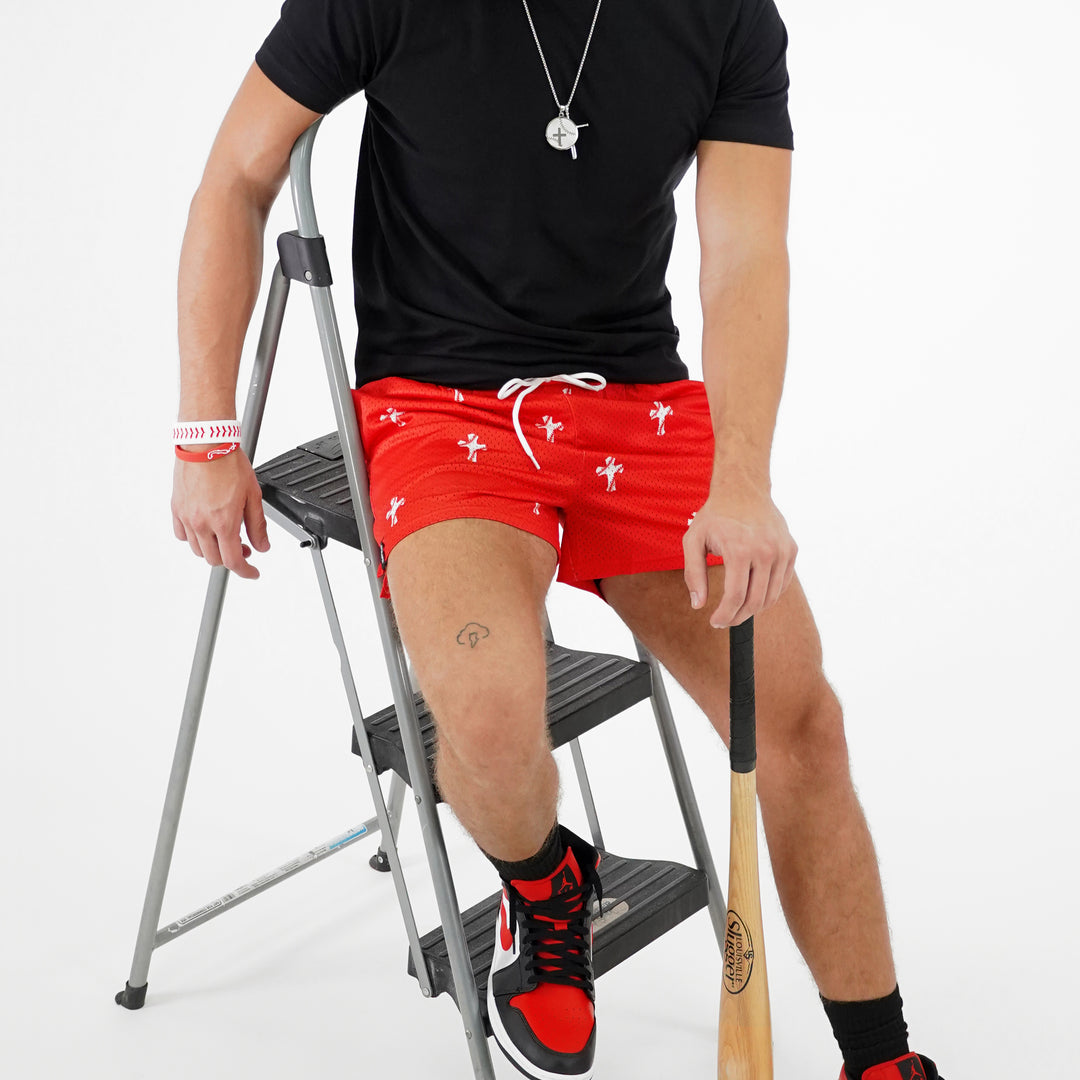 Baseball Cross Pattern Red Shorts - 5"