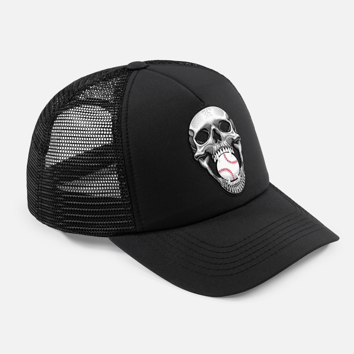 Baseball Skull Patch Black Trucker Hat