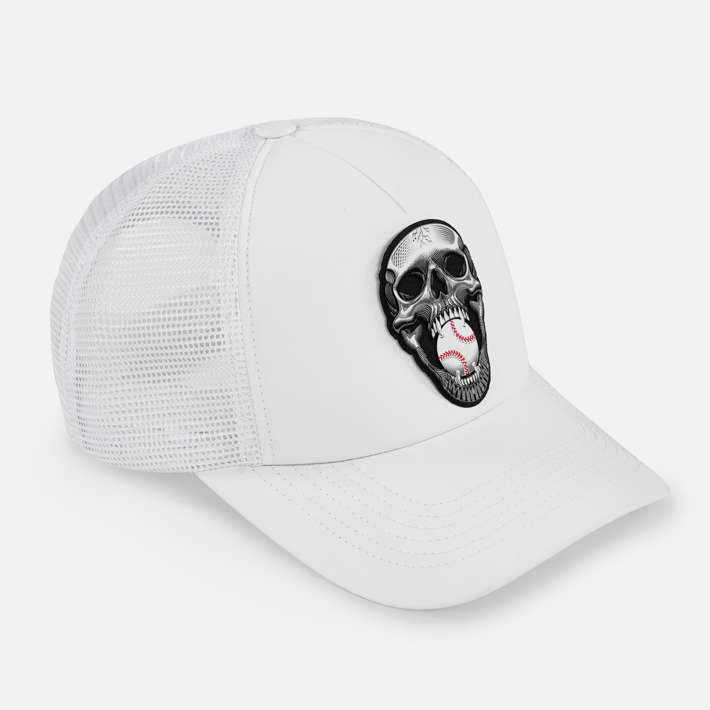 Baseball Skull Patch White Trucker Hat