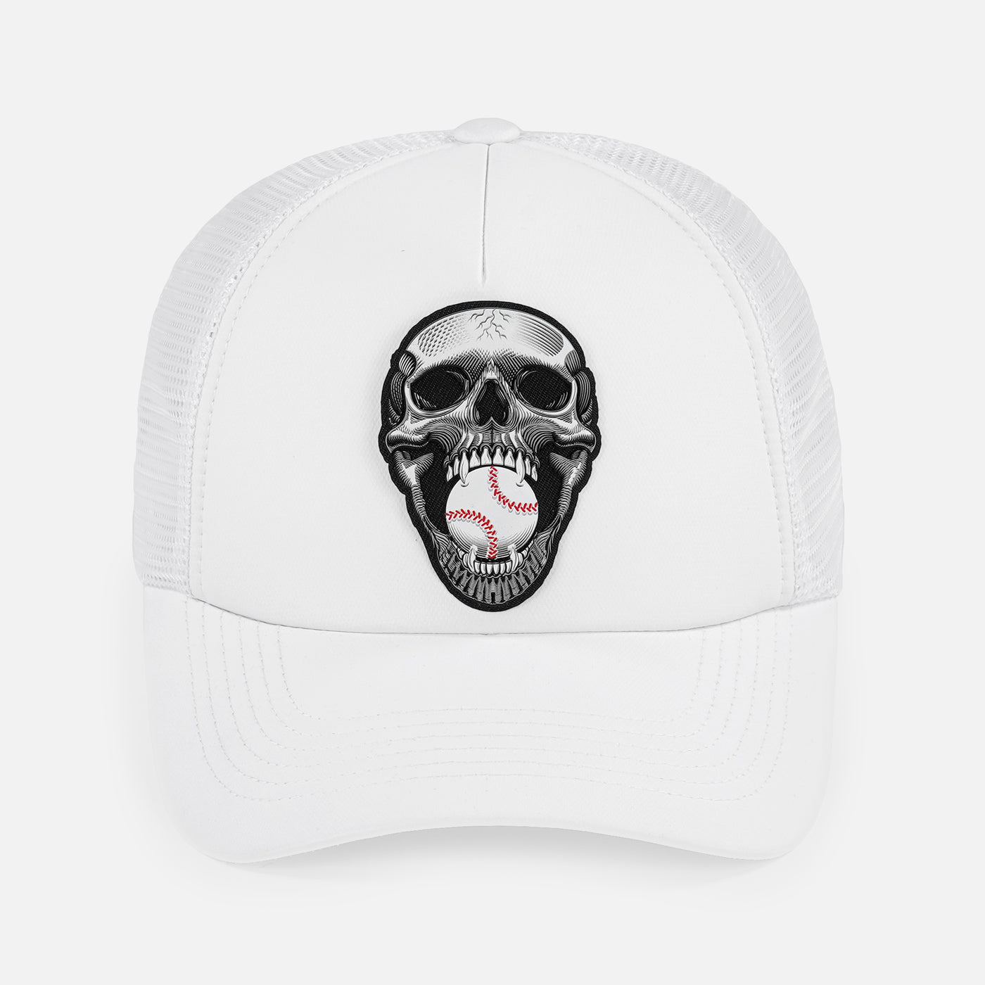 Baseball Skull Patch White Trucker Hat