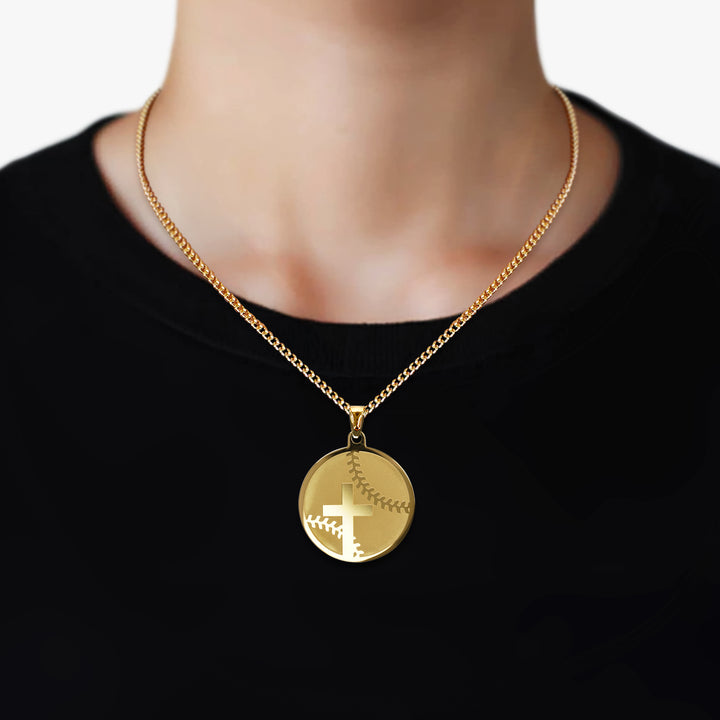 Baseball Faith Cross Pendant with Chain Kids Necklace - Gold Plated Stainless Steel