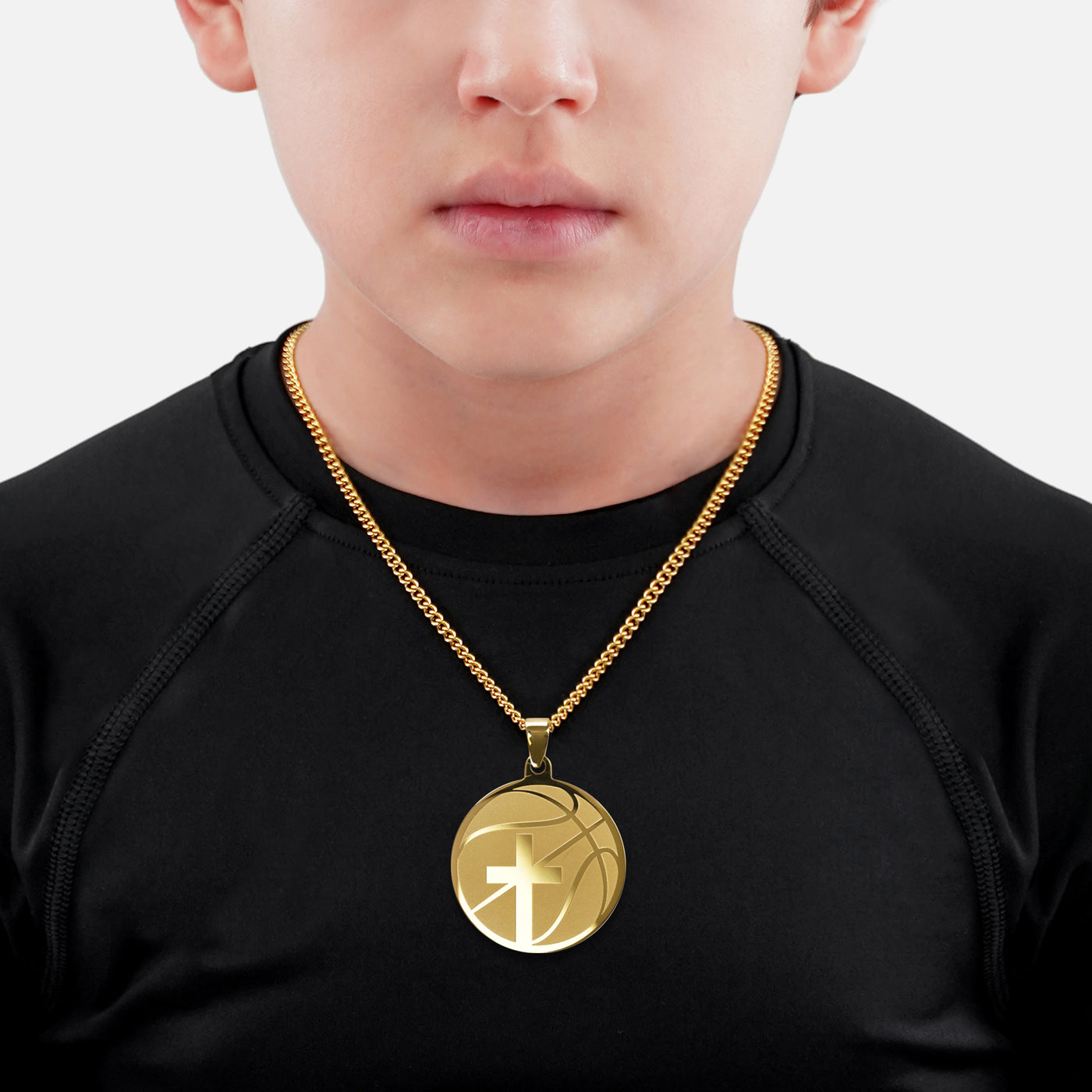 Basketball Faith Cross Pendant with Chain Kids Necklace - Gold Plated Stainless Steel