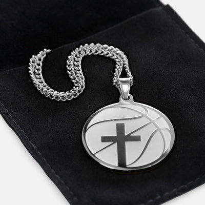 Basketball Faith Cross Pendant with Chain Necklace - Stainless Steel