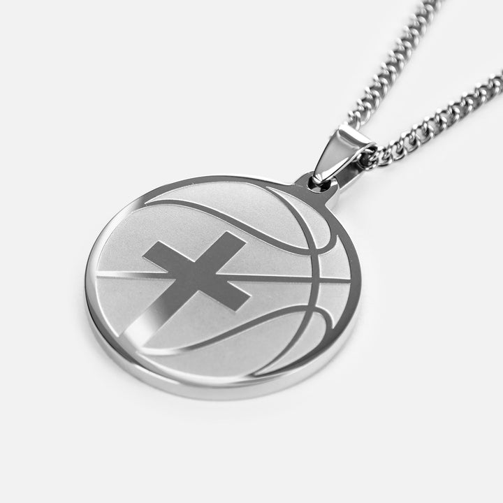 Basketball Faith Cross Pendant with Chain Necklace - Stainless Steel