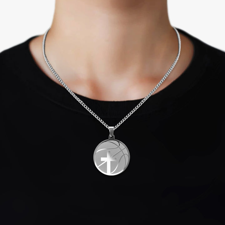Basketball Faith Cross Pendant with Chain Necklace - Stainless Steel