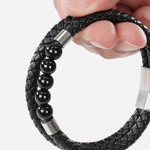 Black 5 Beads Leather Bracelet