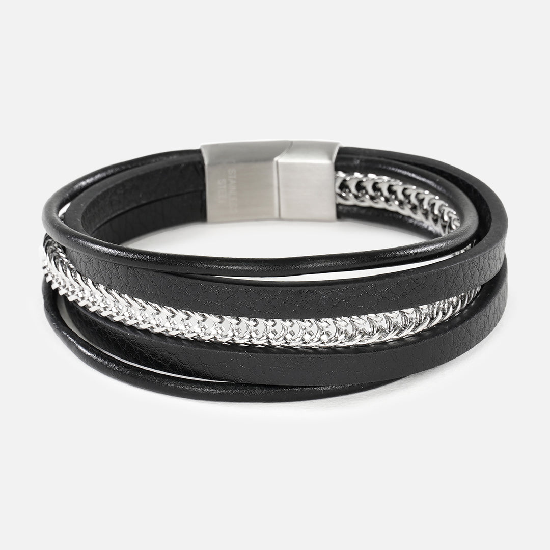 Black Leather and Chain 5 in 1 Bracelet