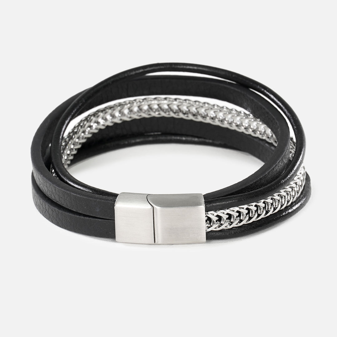 Black Leather and Chain 5 in 1 Bracelet