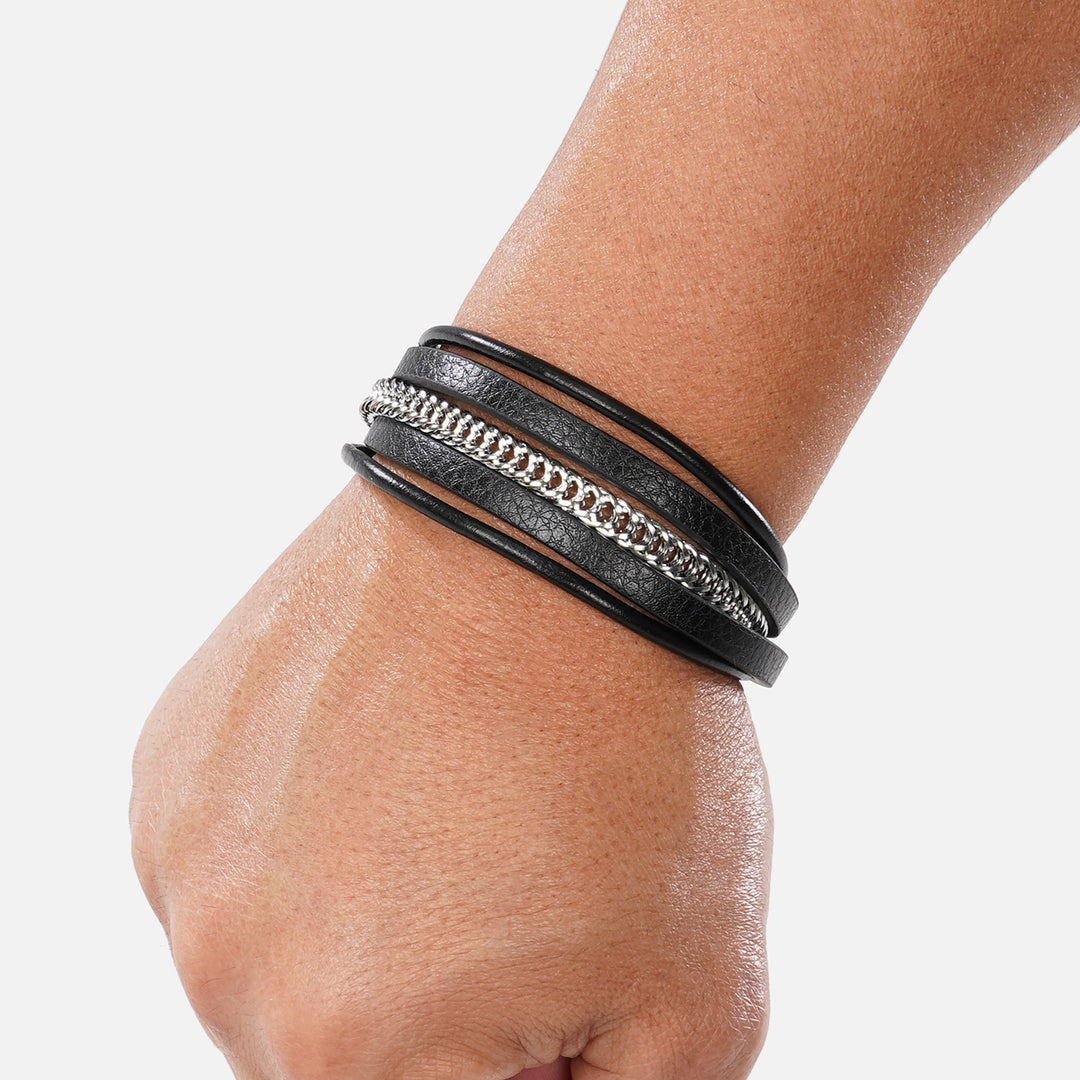 Black Leather and Chain 5 in 1 Bracelet