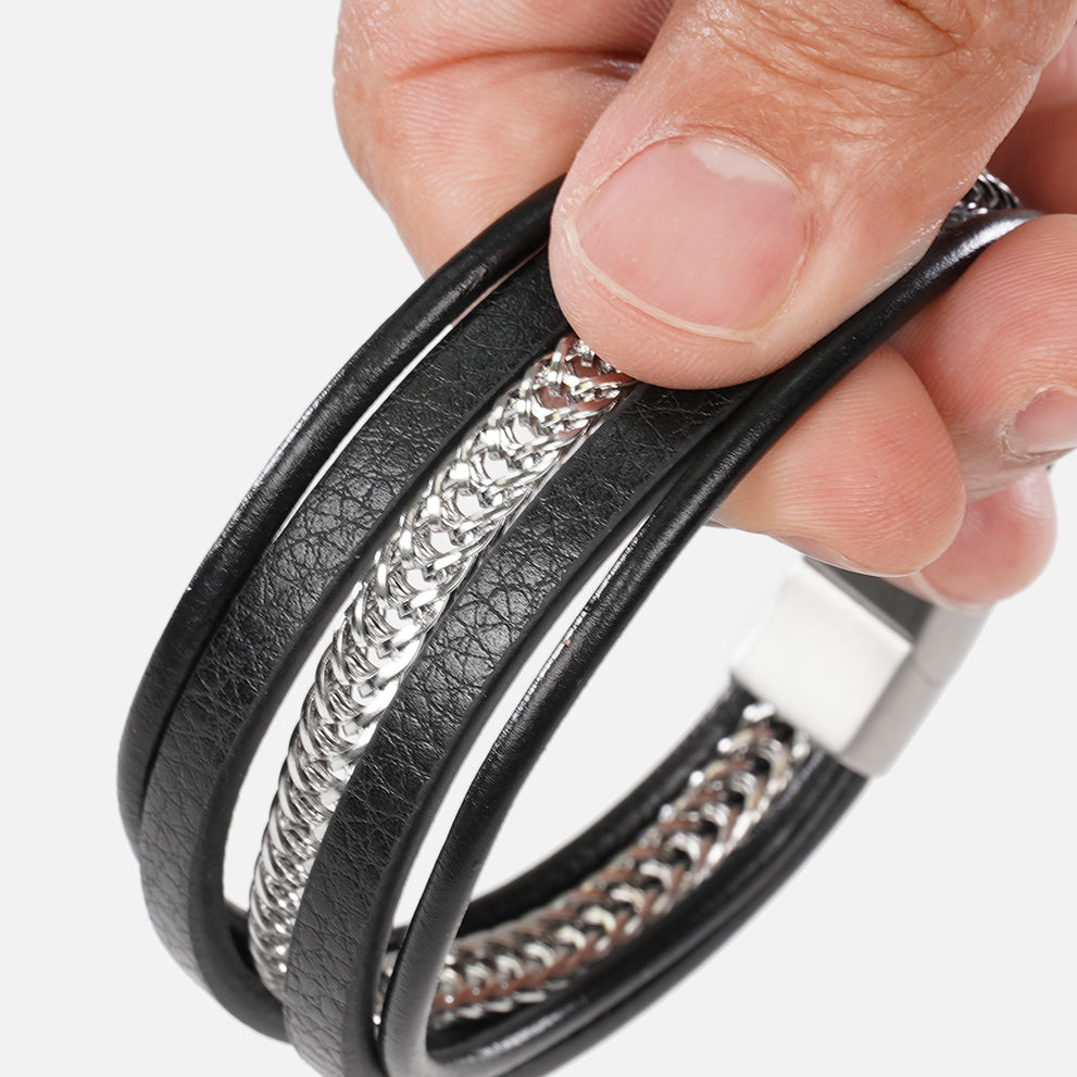 Black Leather and Chain 5 in 1 Bracelet