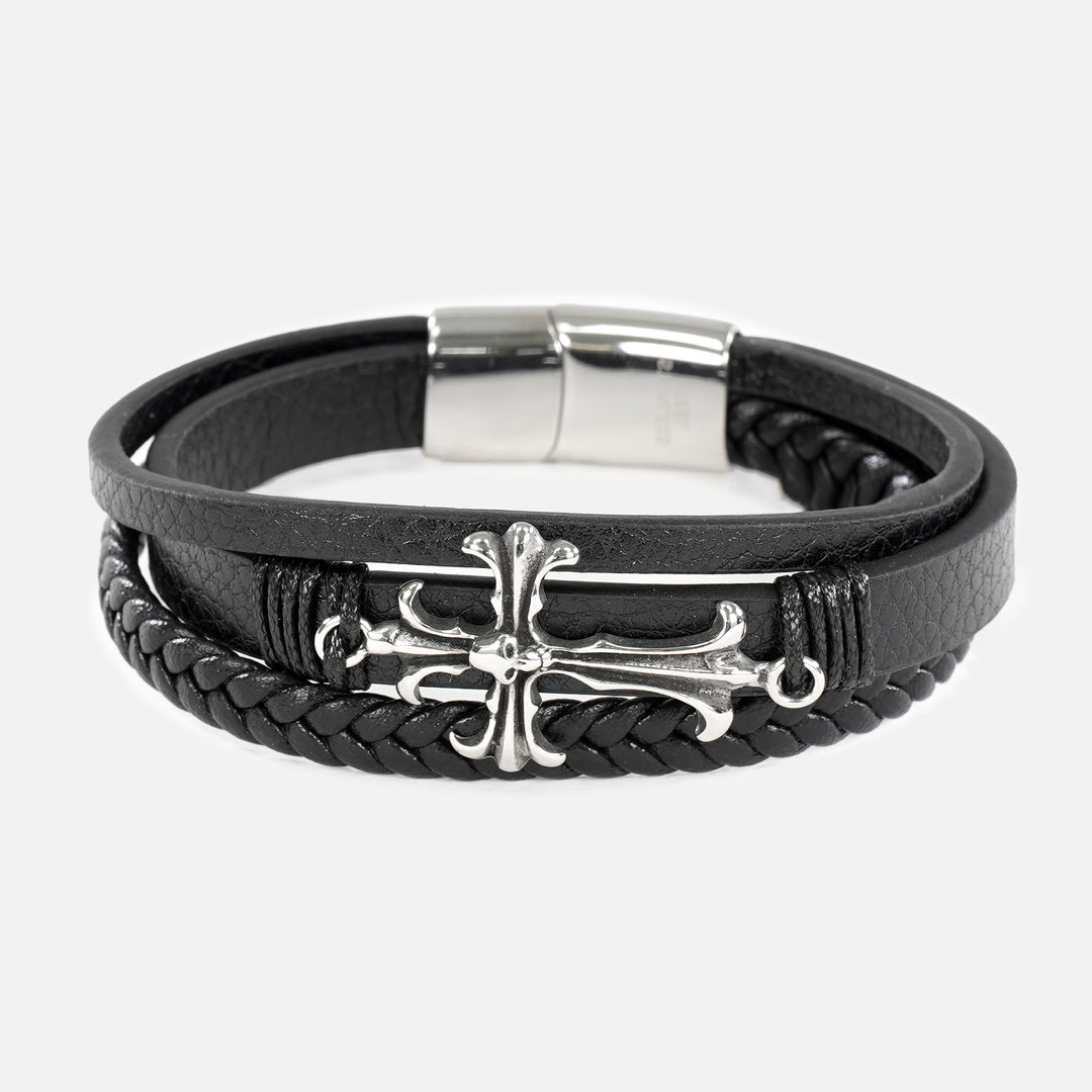 Cross and Skull Black Leather Bracelet