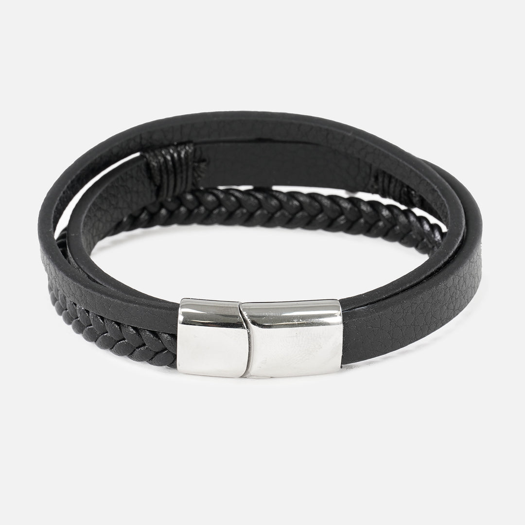 Cross and Skull Black Leather Bracelet