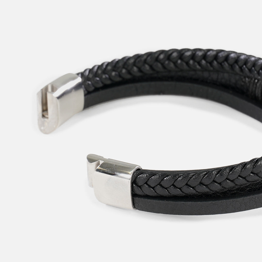 Cross and Skull Black Leather Bracelet