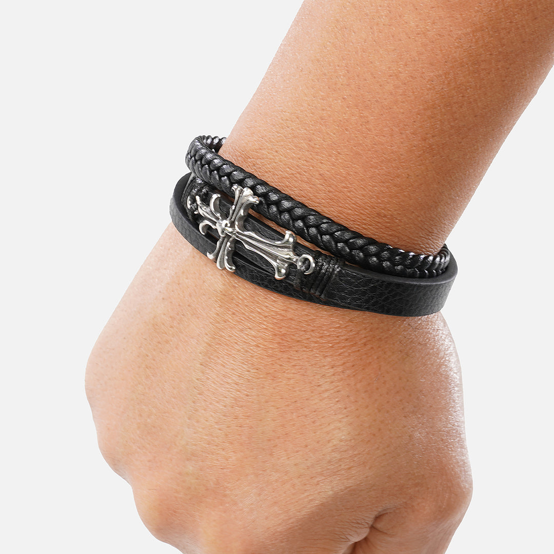 Cross and Skull Black Leather Bracelet