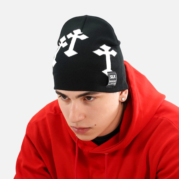 Gothic Cross Black White Beanie