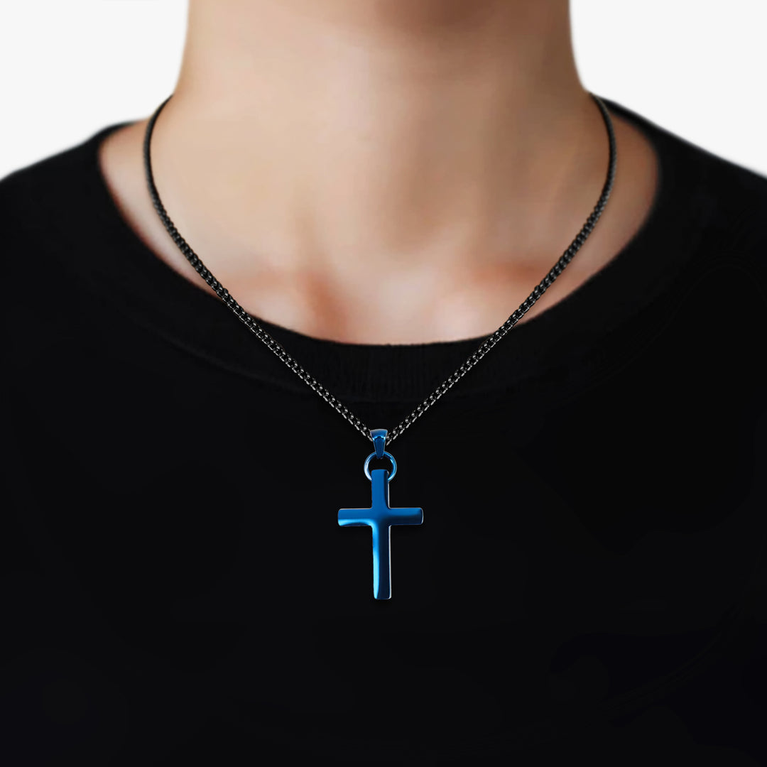 Faith Cross Pendant with Chain Necklace - Cobalt Blue Stainless Steel