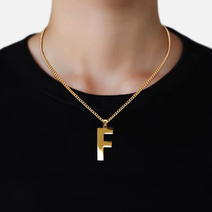 F Letter Pendant with Chain Necklace - Gold Plated Stainless Steel