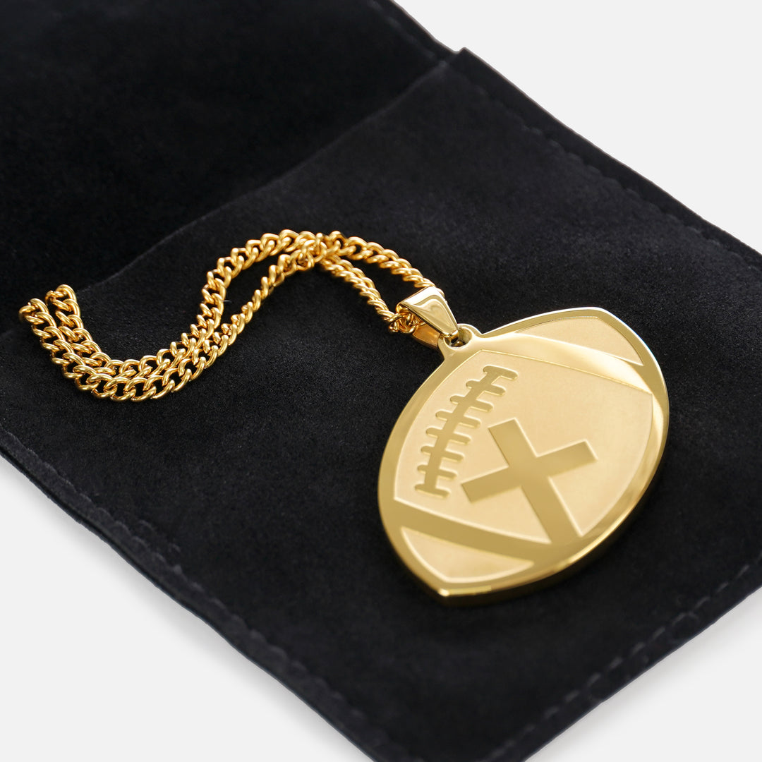 Football Faith Cross Pendant with Chain Necklace - Gold Plated Stainless Steel