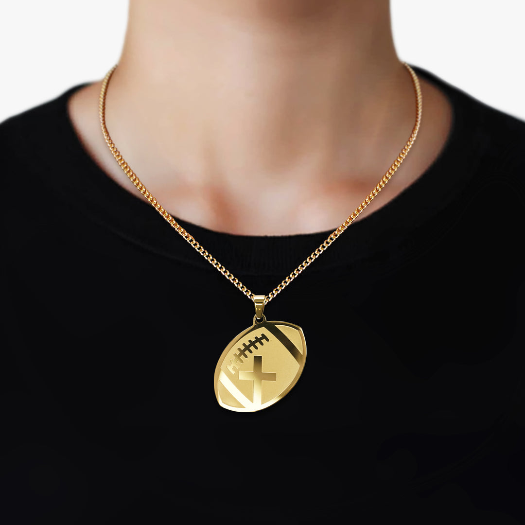 Football Faith Cross Pendant with Chain Necklace - Gold Plated Stainless Steel