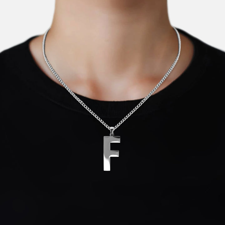 F Letter Pendant with Chain Necklace - Stainless Steel