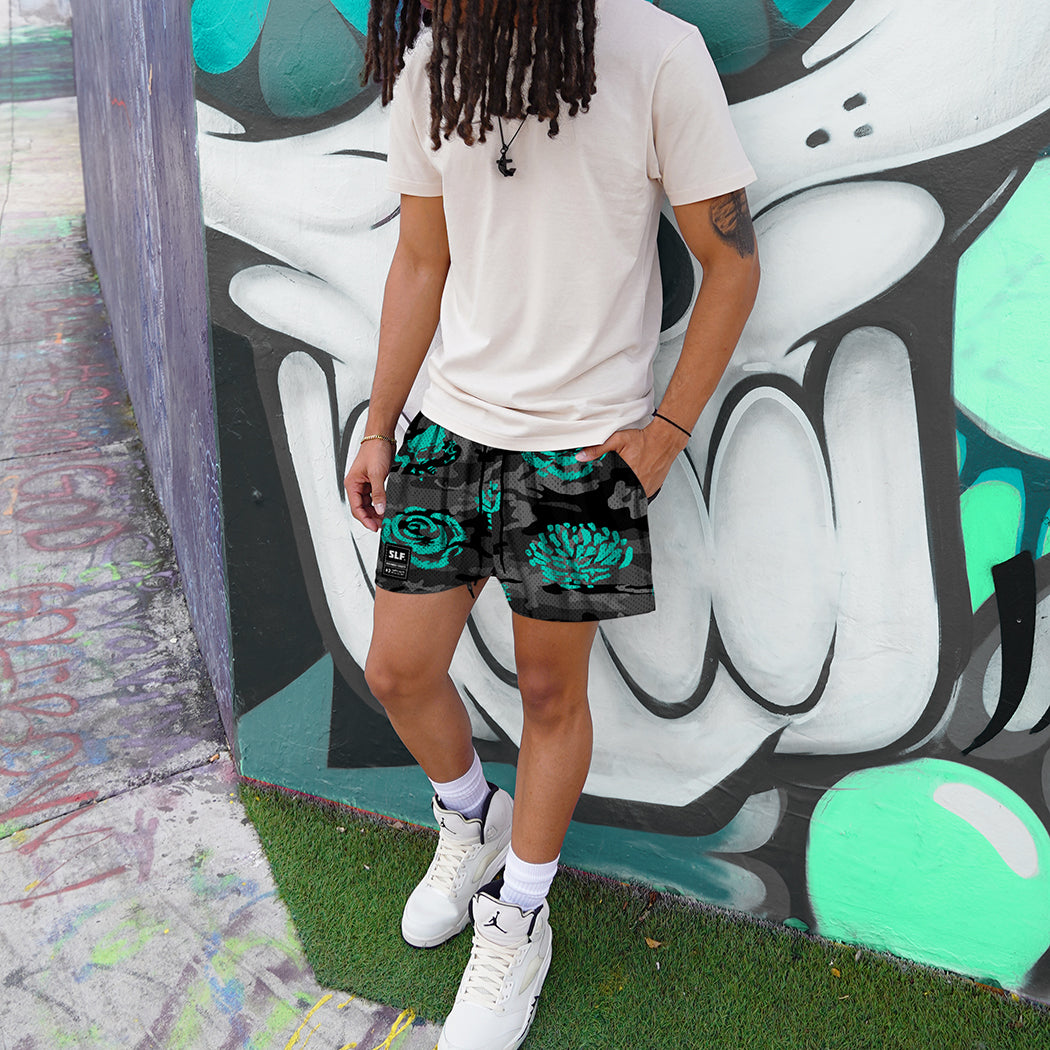 Gray Camo Teal Flowers Shorts - 5"