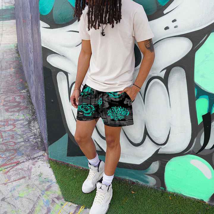 Gray Camo Teal Flowers Shorts - 5"