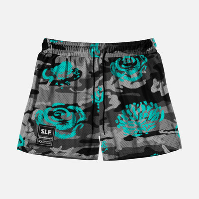 Gray Camo Teal Flowers Shorts - 5"