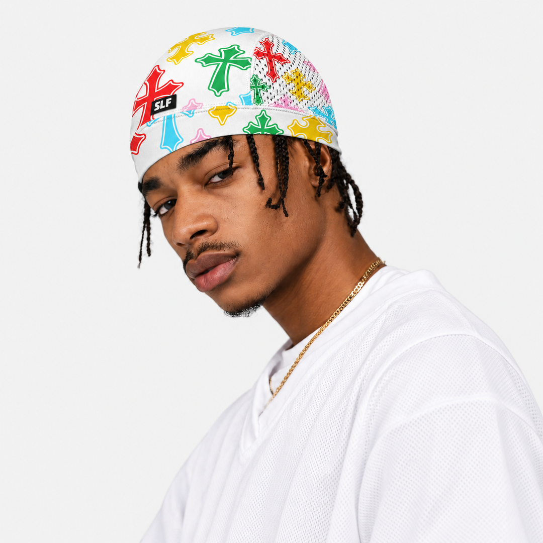 Crosses Chroma Pattern White Skull Cap