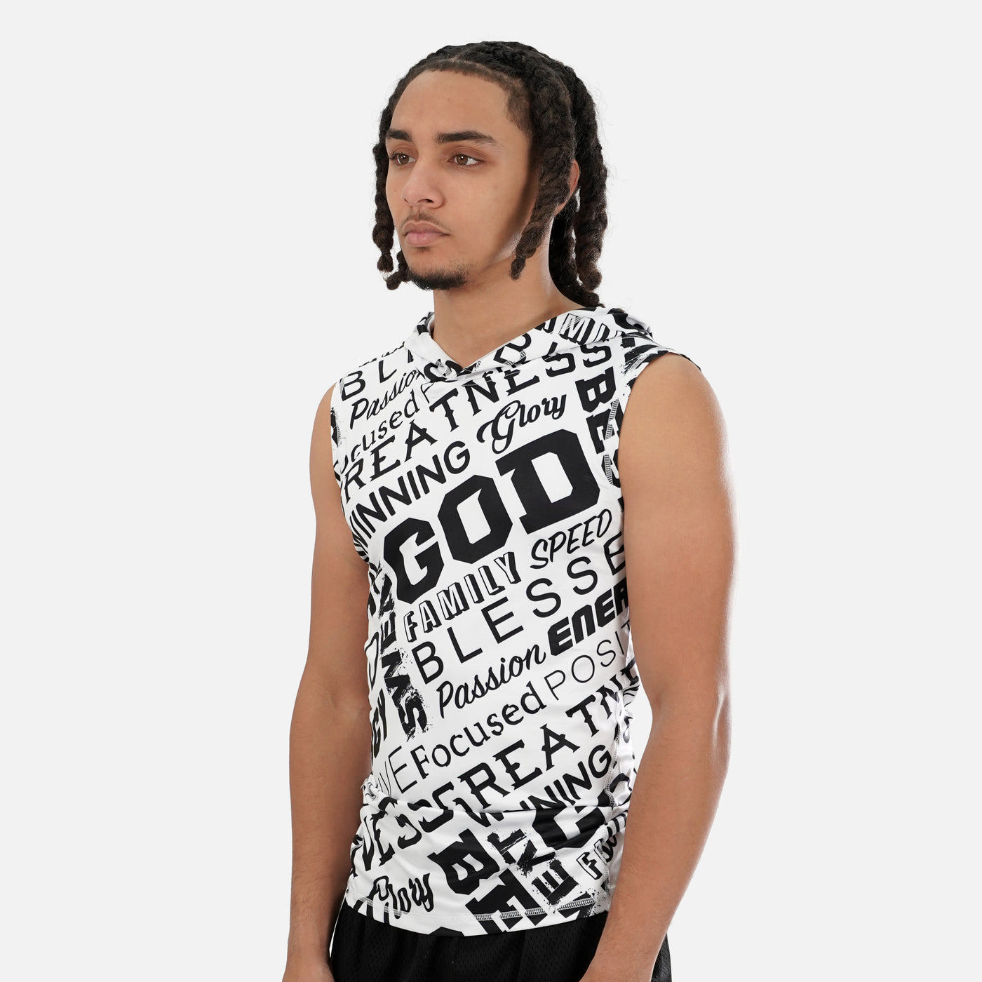 Inspirational White Sleeveless Compression Hoodie