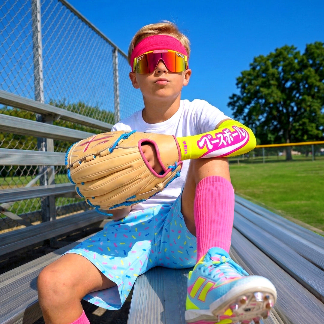 Japanese Baseball Lime Green and Blue Kids Arm Sleeves Pair