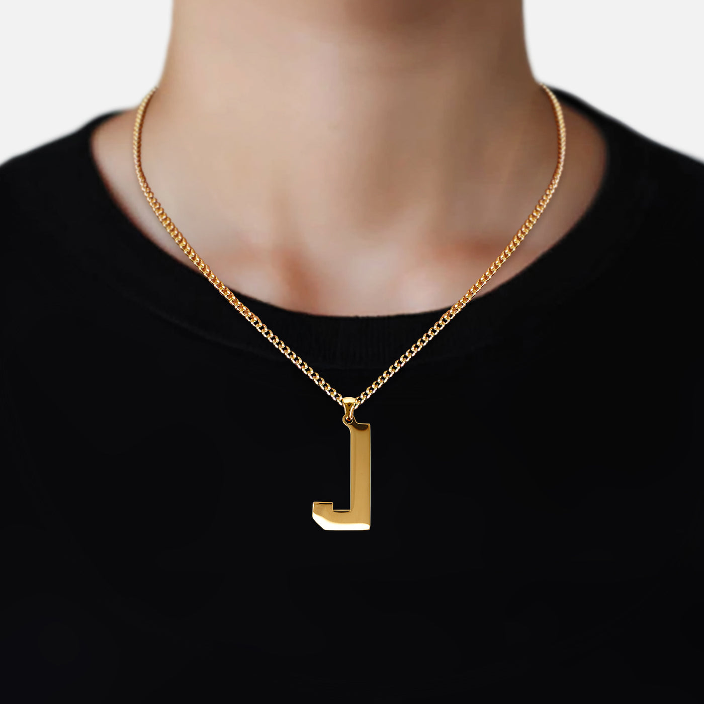 J Letter Pendant with Chain Necklace - Gold Plated Stainless Steel