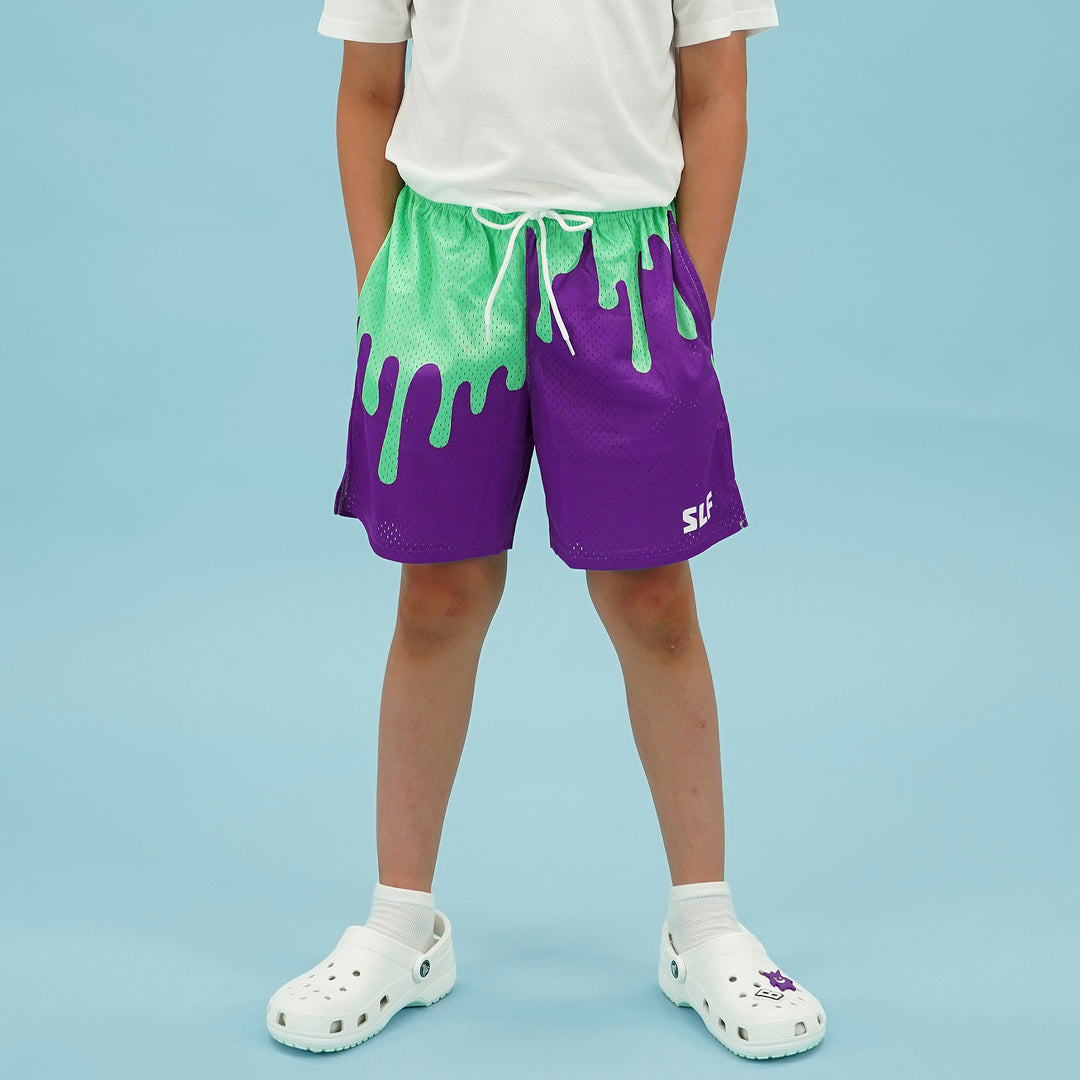 Neon Drip Aquamarine Purple Kids Shorts - 5"